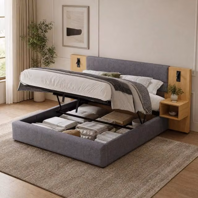 Letto imbottito contenitore 180x200 cm in velluto grigio e naturale con 2 comodini; USB e luce