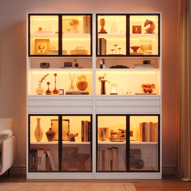Vetrina con LED e 1 cassetto per soggiorno in MDF bianco 80 × 35 × 200 cm