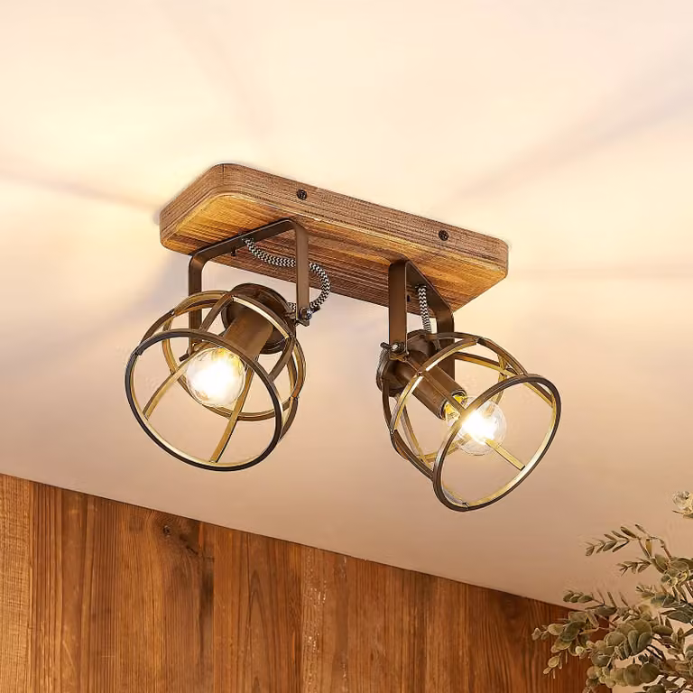 Plafoniera soffitto Rutger Lindby, dimmerabile, Legno scuro, Soggiorno / Sala da pranzo, Legno, Vintage, Plafoniera