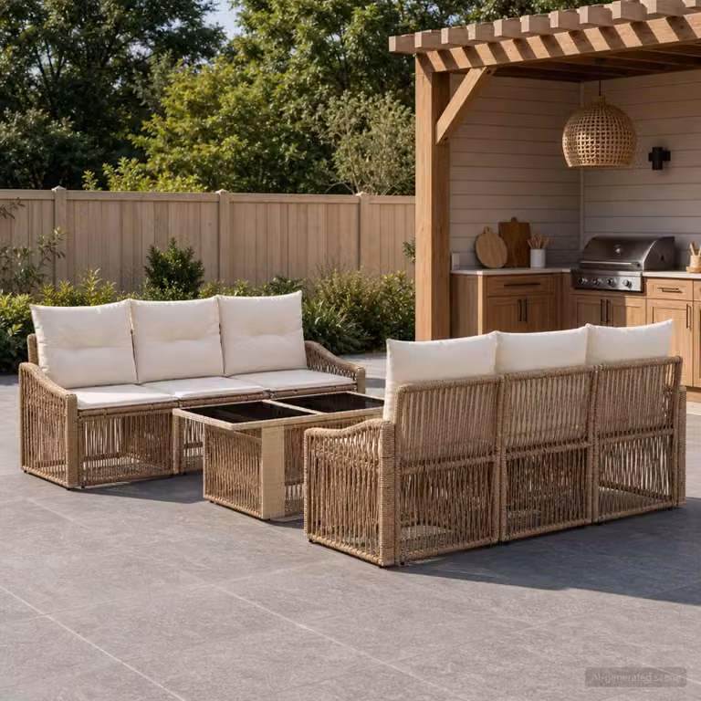 Set Divano da Giardino vidaXL 7 Pezzi in Polyrattan con Cuscini Beige e Bianco Crema