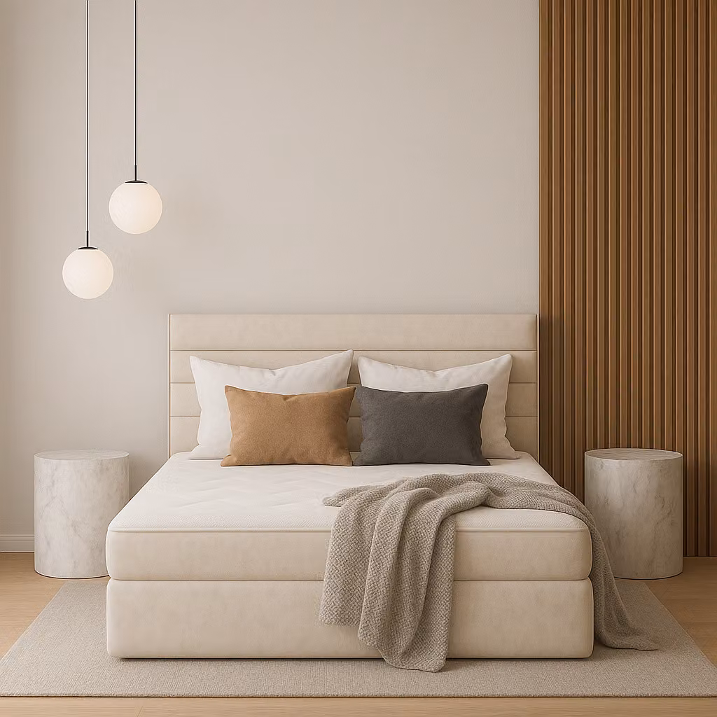 Letto imbottito GUTTO modello DAKOTA, dimensioni 120 x 200 cm, con 2 contenitori portaoggetti, topper da 5 cm incluso, rivestito in velluto beige