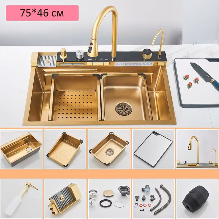 Set lavello da cucina - Doppia vasca - Acciaio inossidabile 304 - Montaggio da appoggio - Rubinetto con display digitale - Dispenser per sapone e lavabicchieri - Oro spazzolato
