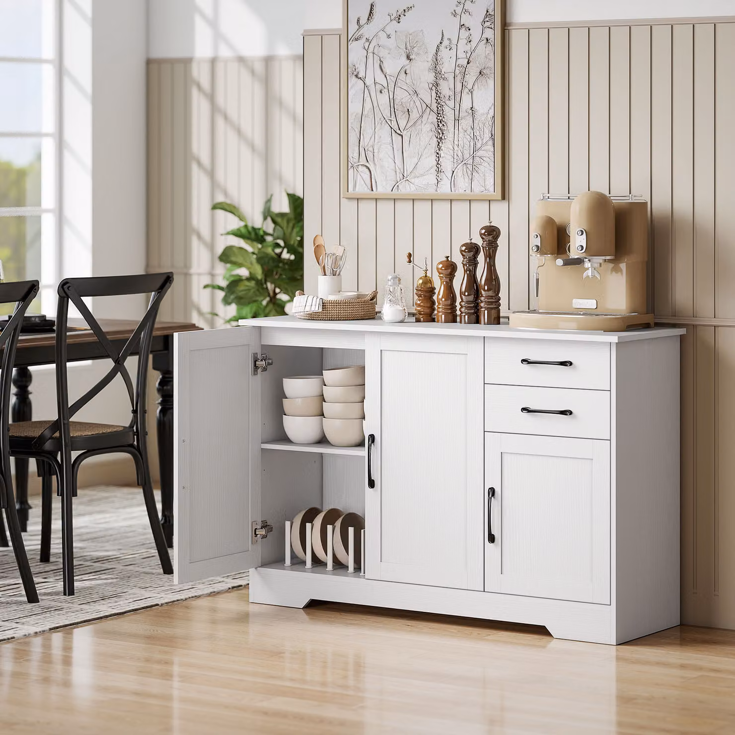 Credenza moderna HOMCOM con 2 cassetti, 3 ante e ripiano regolabile, colore bianco – 2