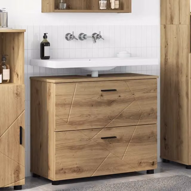 Mobile da bagno moderno vidaXL in legno e metallo color rovere e nero con ante a battente e ripiani interni L: 76,5 cm, P: 35 cm, H: 64 cm