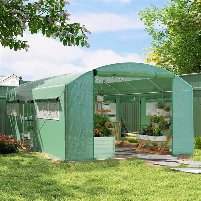 SERRA A TUNNEL CON 3 PORTE AVVOLGIBILI E 6 FINESTRELLE, IN ACCIAIO ZINCATO E PE, 6X3X2 M, VERDE