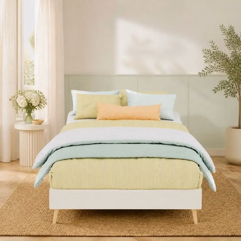 Letto imbottito REDOM in tessuto beige e bianco con testiera a forma di cartone, stile moderno, L/P/H: 90 x 200 x 30 cm