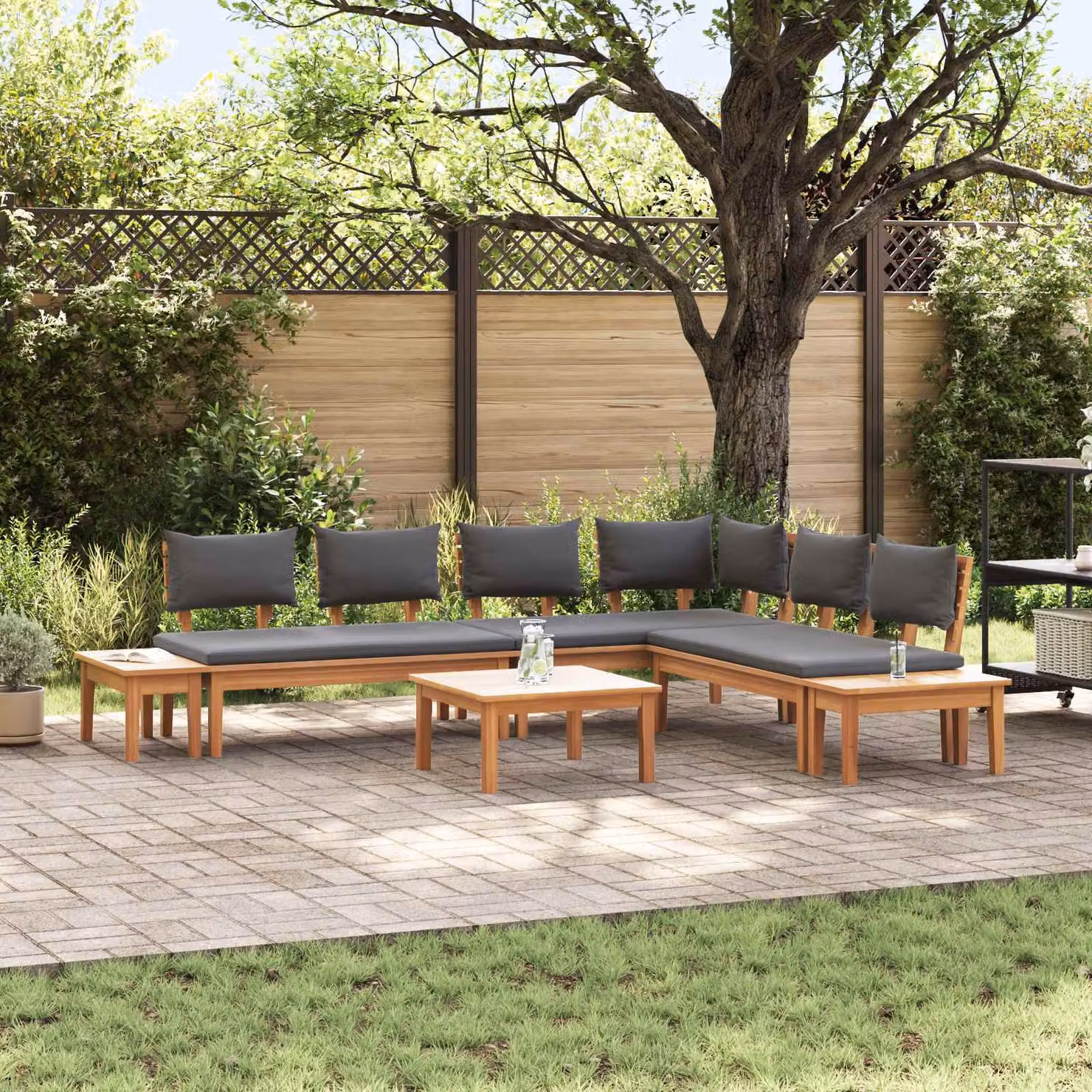 Set Divano da Giardino a L vidaXL in Legno di Teak con Tavolino e Cuscini, Marrone e Grigio – 1