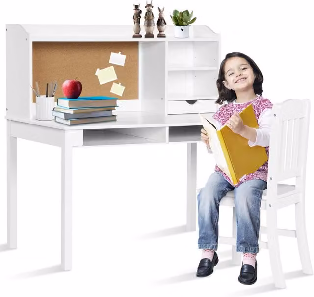 Scrivania per bambini con sedia mensola bacheca in sughero da letto, Set scrivania e sedia per bambini postazione di lavoro Bianco