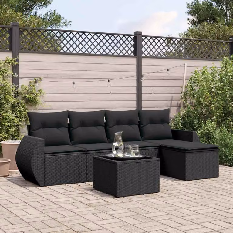 Set Divano da Giardino vidaXL 6 pz in Polyrattan Nero con Cuscini e Tavolino