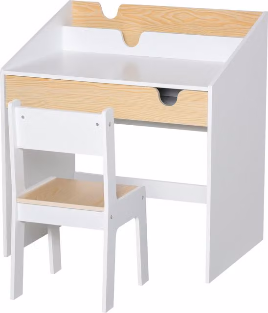 Set Scrivania e Sedia HOMCOM per Bambini con Cassetto e Scaffale, Design Scandinavo con Bordi Arrotondati, Bianco e Legno