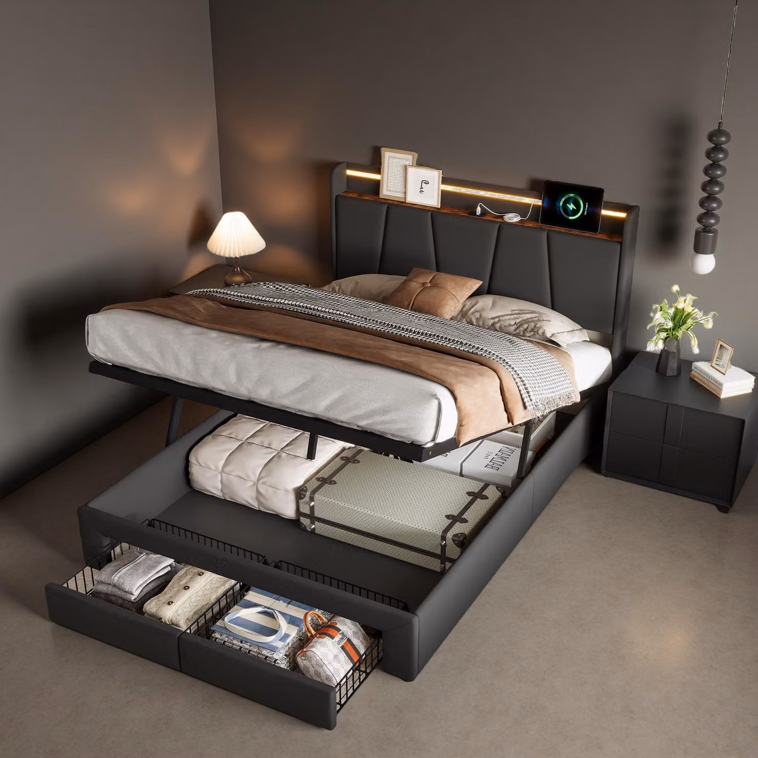 Letto imbottito ProximaX 140x200 cm con testata a LED e funzione di ricarica USB, letto matrimoniale con rete a doghe, 2 cassetti e rete idraulica, letto contenitore moderno per adulti