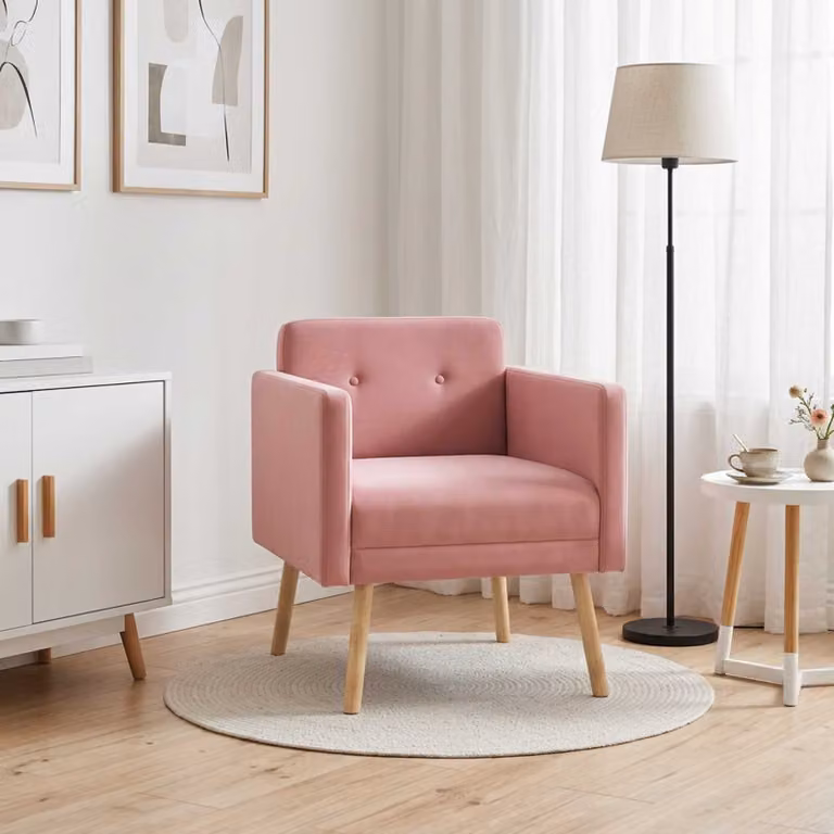 Poltrona decorativa moderna vidaXL in velluto rosa con braccioli e struttura in legno