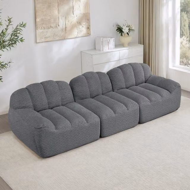 Divano modulare 3 posti con ottoman collegabile in fleece granulato grigio