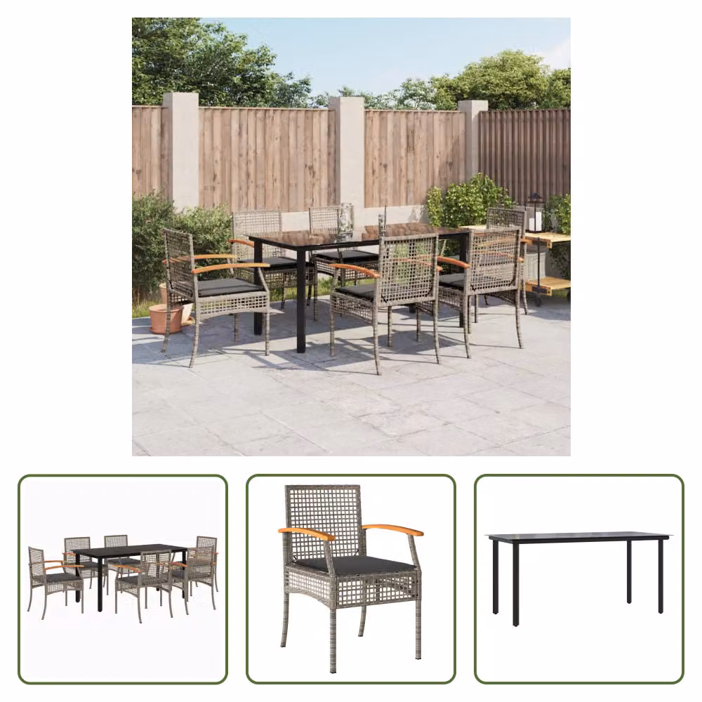 The Living Store Set da pranzo da giardino 7 pezzi con cuscini in poly rattan grigio