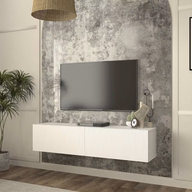 Mobile Porta TV da Parete Verpsboga en.casa con 2 Ante Decorative, Bianco, L 135 cm x P 31,5 cm x H 30 cm