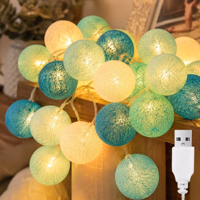 Catene luminose con 20 palline di cotone, lunghezza 3 metri, alimentazione USB, colore verde