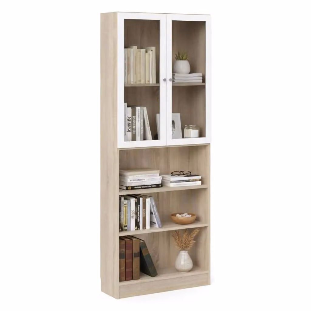 Libreria Chedeng DMORA, Scaffale Moderno per Ufficio e Soggiorno, Colore Quercia e Bianco, L: 79 cm, P: 28,3 cm, H: 203,2 cm – 2