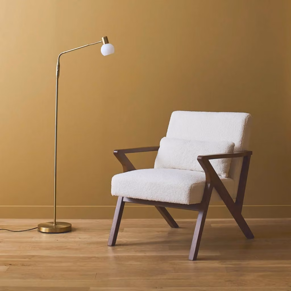 Poltrona lounge scandinava Sweeek in legno e tessuto bouclé, beige – 2