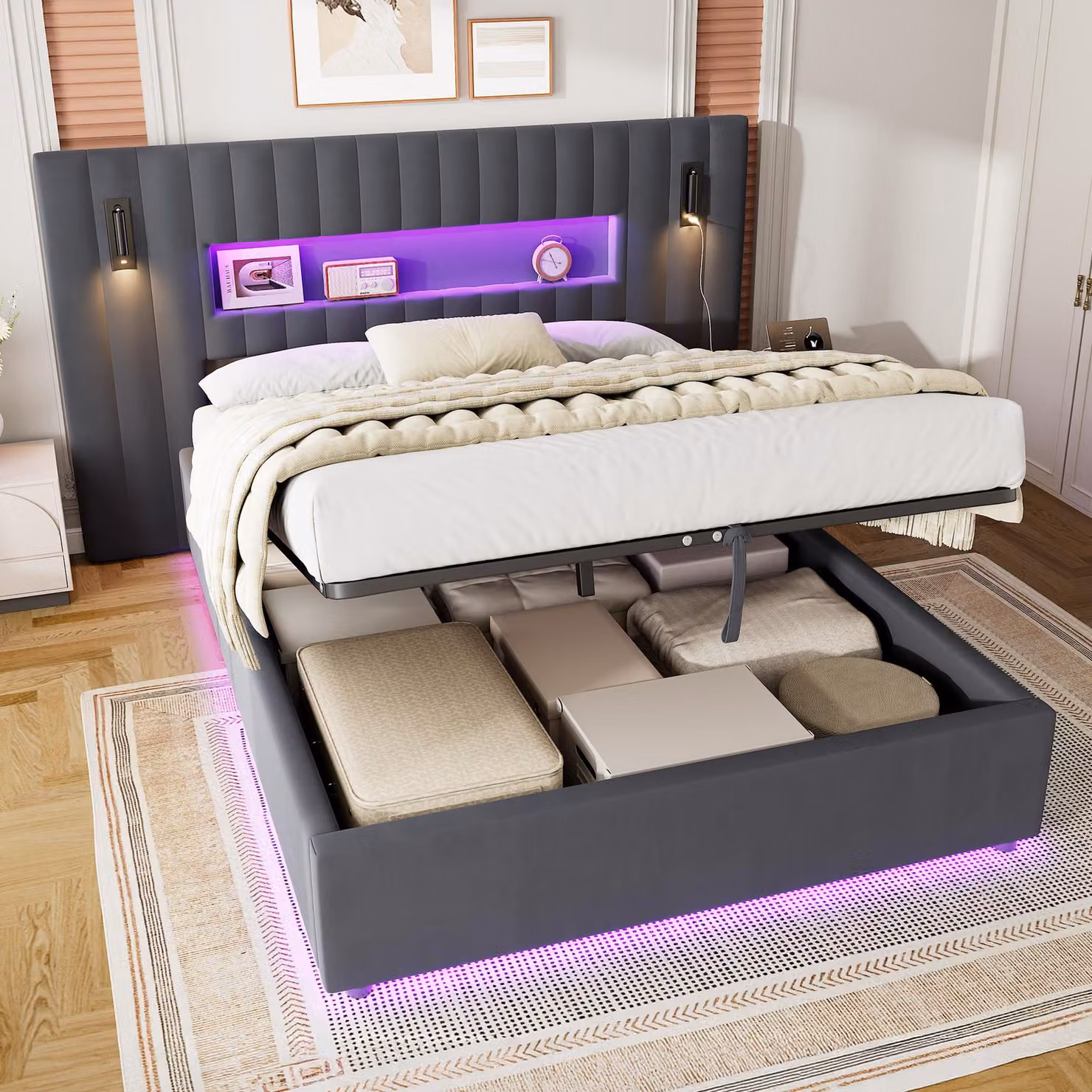 Letto a castello MODFU per giovani, 140x200 cm, con rivestimento in velluto e alta testata. Letto a molle con sistema idraulico, matrimoniale, con luci LED e porta USB, senza materasso, colore grigio