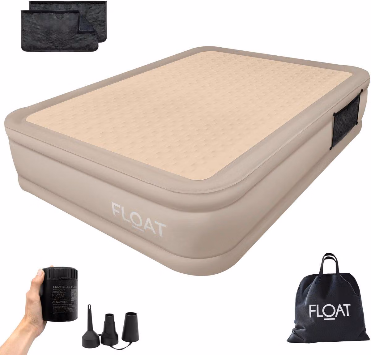 FLOAT - Materassino gonfiabile per 2 persone - 203x152x40 cm - Include sacche portaoggetti, borsa da trasporto e kit di riparazione - Autogonfiabile. Materassino gonfiabile per due persone - Pompa elettrica integrata - Letto per ospiti robusto - CloudSpri