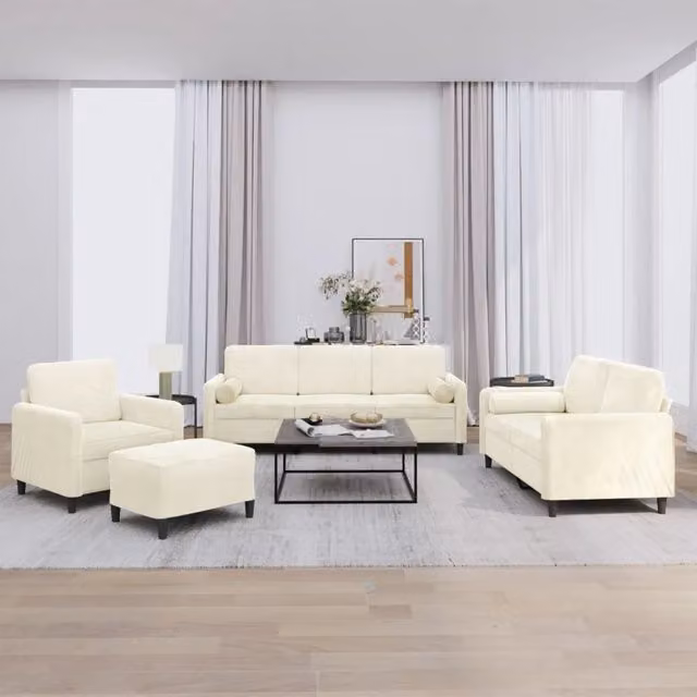 Set di divani moderno vidaXL in velluto beige composto da un divano a 3 posti, un divano a 2 posti, un pouf e cuscini decorativi