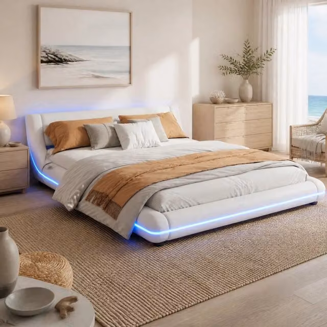 Letto a terra bianco 160x200 cm in PU con illuminazione LED ambientale