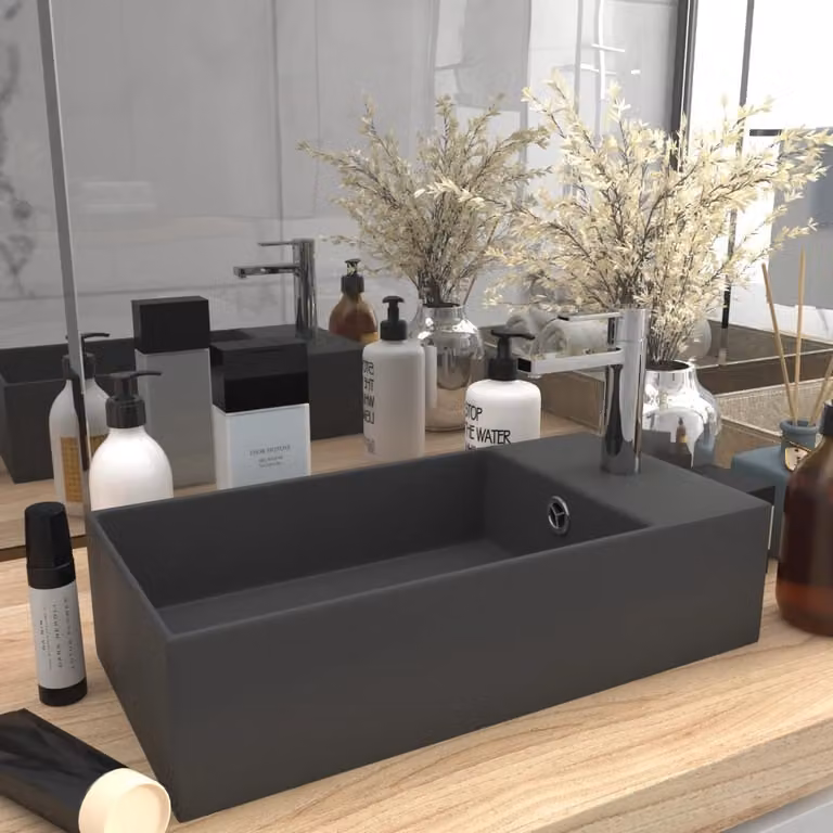The Living Store Lavandino da bagno con troppopieno in Vetroceramica grigio scuro