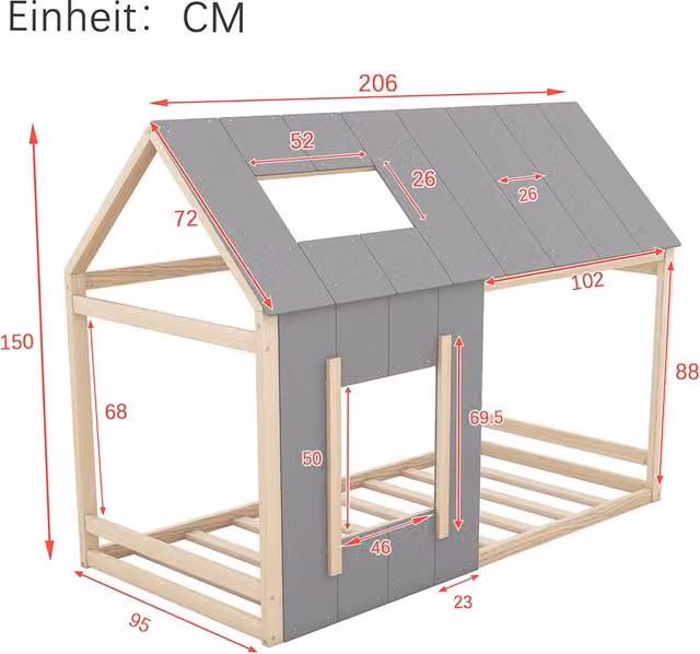 Letto a castello per bambini a forma di casa - Xylo - 90x200 - Naturale Grigio con tetto e finestra