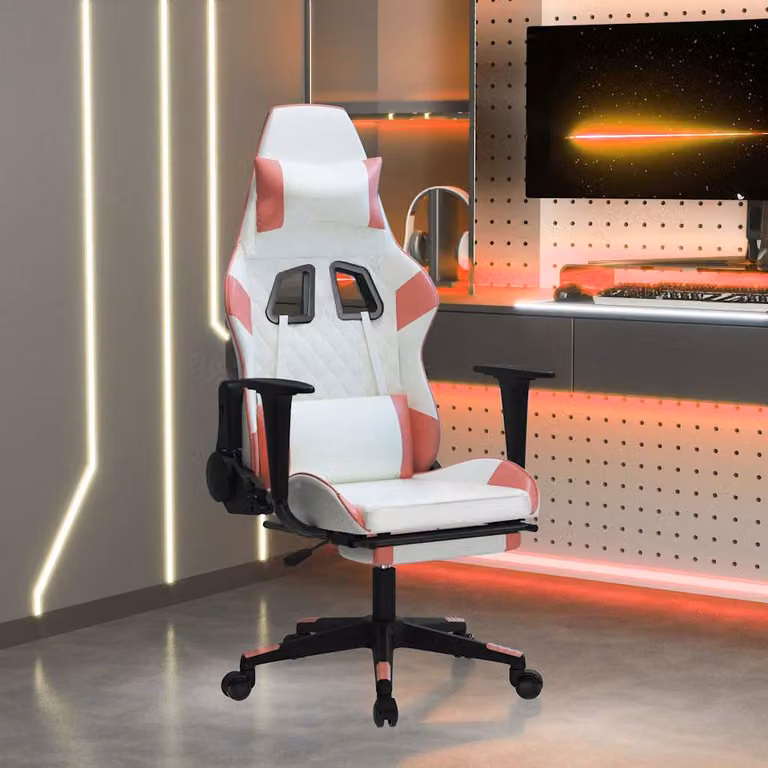 Sedia da Gaming vidaXL con Massaggio e Poggiapiedi, Bianco e Rosa in Similpelle