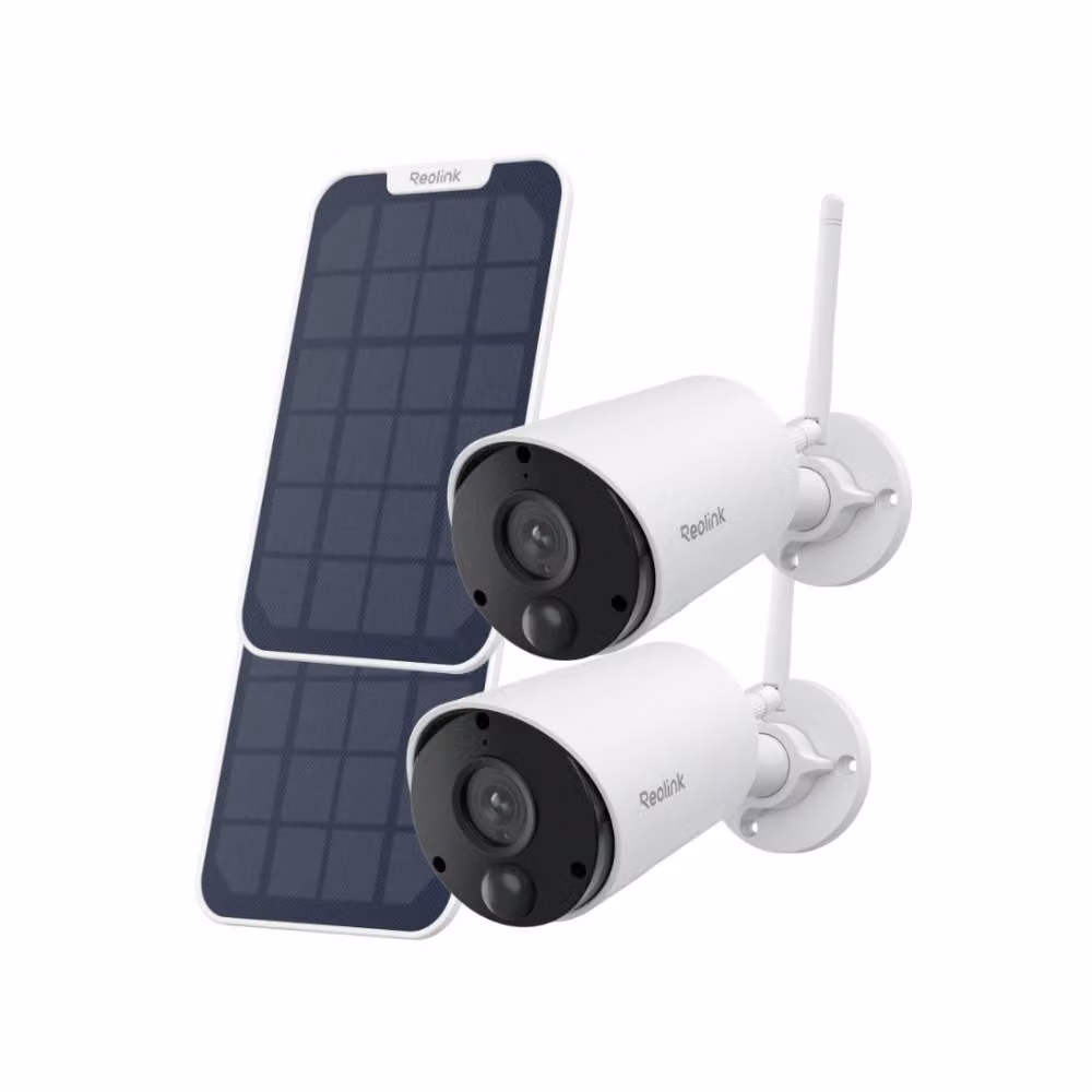 Reolink Argus Eco+Pannello solare, telecamera di sicurezza per esterni WiFi a batteria da 5MP e 2,4GHz, rilevamento persone/veicoli, visione notturna, audio bidirezionale, 2 Pack