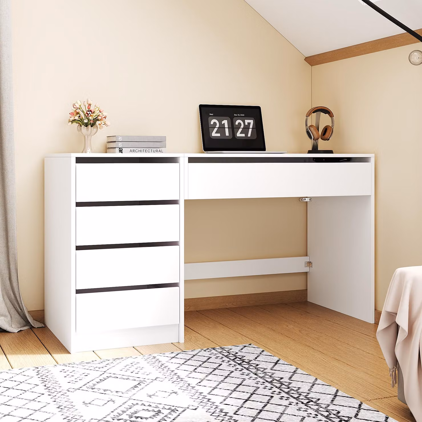 Scrivania Flieks con 4 cassetti, regolazione manuale dell'altezza e spazio di archiviazione nascosto, tavolino da trucco, scrivania per computer, dimensioni 120x50x78-92 cm, bianco