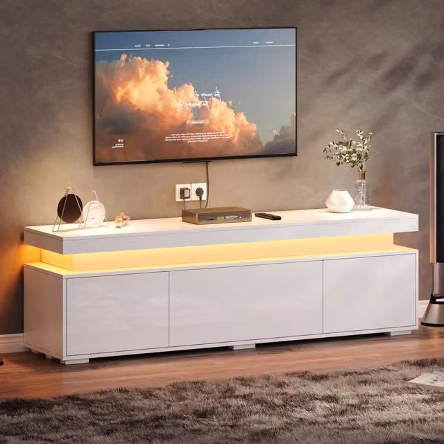 Mobile TV con LED e 3 ante; 4 vani interni in pannello truciolare bianco lucido per soggiorno 150 × 35 × 43 cm