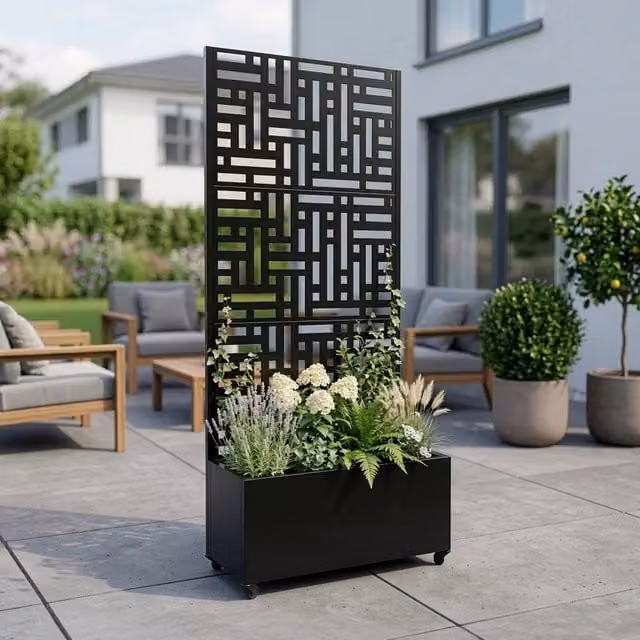 Fioriera con Spalliera Bernalda casa.pro in Acciaio Nero con 4 Rotelle, L: 190 cm, H: 82 cm, P: 38 cm – 1