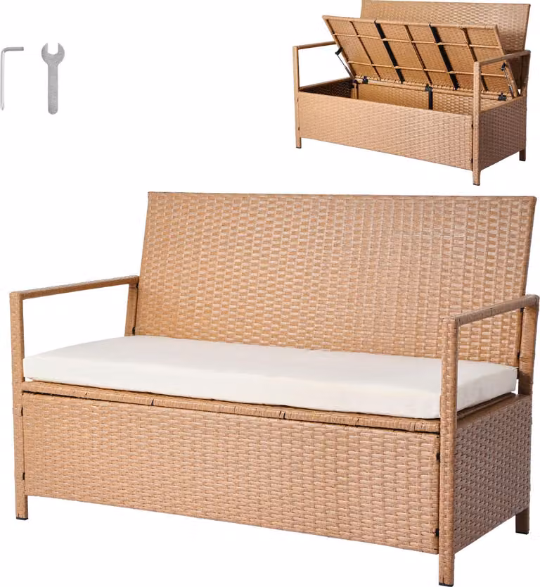 VEVOR panca da giardino con vano portaoggetti, cassapanca per 2 persone in rattan PE, panca a cassapanca con cuscini, seduta per panca fino a 120 kg, sedute da giardino e arredamento per veranda per patio, giardino, balcone, 121x59x81,5cm