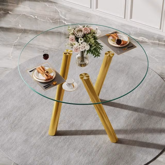 Tavolo da Pranzo Rotondo ¨C MINIMAL ¨C Vetro Temperato, Gambe in Metallo Oro, ?89 cm