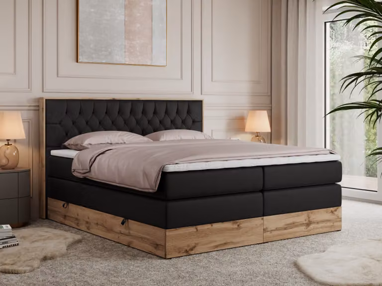 Letto continentale Boxspring AMORE KING con contenitore - 200x200 cm - Materasso H4 - Ecopelle nera - Topper T25