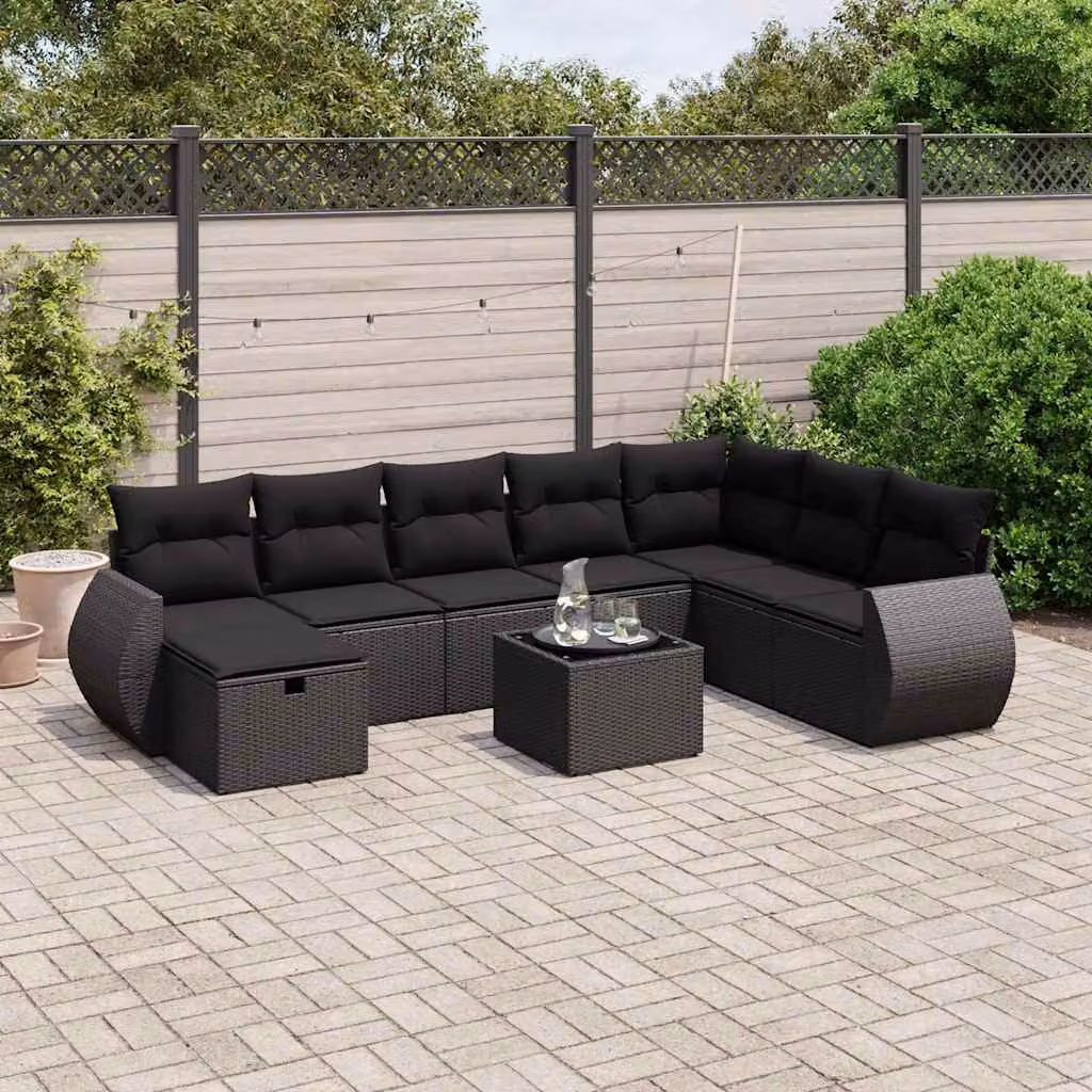 vidaXL Set Divani da Giardino a L 9 pz con Cuscini e Tavolino Nero in Polyrattan e Acciaio – 1