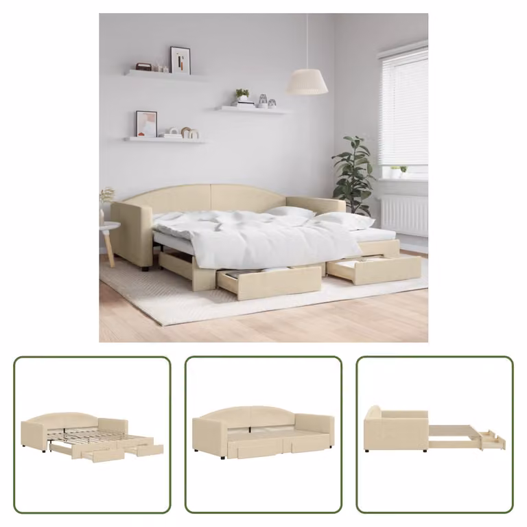 The Living Store letto da giorno allungabile con cassetti crema 100x200 cm tessuto