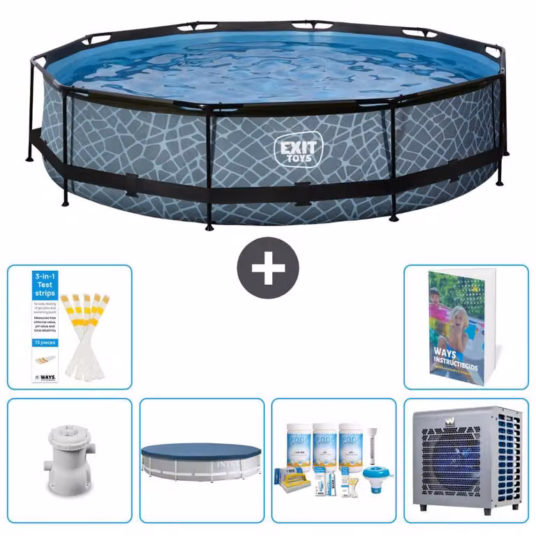 Piscina a sfioro "Exit Pool Rund" - Design effetto pietra - 360x76 cm - 5 pezzi - Modello S264