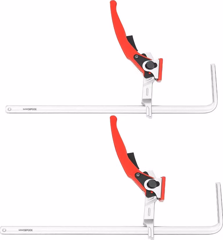 Set da 2 morsetti a serraggio rapido - Morsetto a cricchetto per guida di scorrimento/tavolo MFT - Forza di serraggio 180 kg - Acciaio 40Cr e lega di zinco - Azionamento manuale - Per legno
