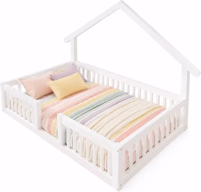 Letto casetta per bambini in legno bianco con barriera di sicurezza e luci LED, L/P: 90 x 200 cm