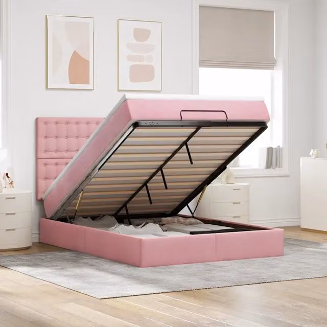 Letto con contenitore a sollevamento vidaXL in velluto rosa e bianco L/P/H: 193 x 144 x 128 cm