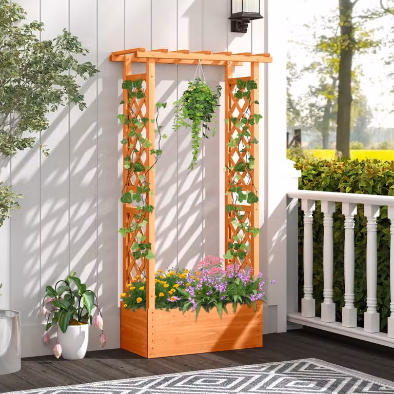 Letto da giardino rialzato con traliccio e fioriera in legno marrone Costway