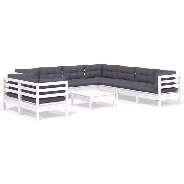 Set Divani da Giardino 10 pz con Cuscini Bianchi Legno di Pino
