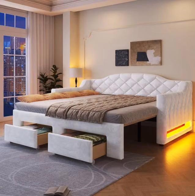 Letto da giorno estraibile ULEVR 90x200-180x200 cm con 2 cassetti e LED a 7 colori, bianco