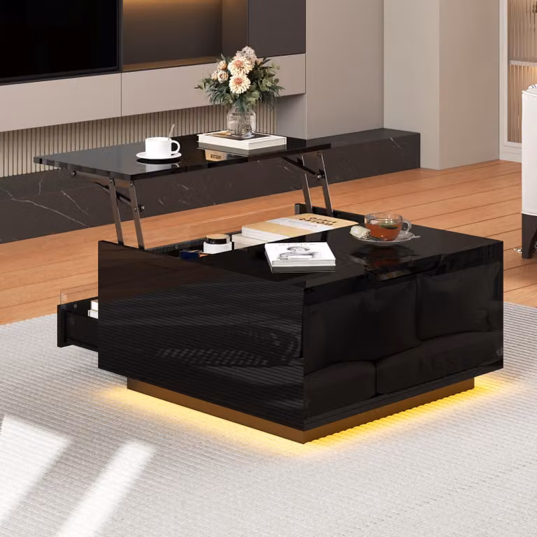 Tavolino sollevabile con LED, cassetto e ante pieghevoli, 70×70×38 cm, nero