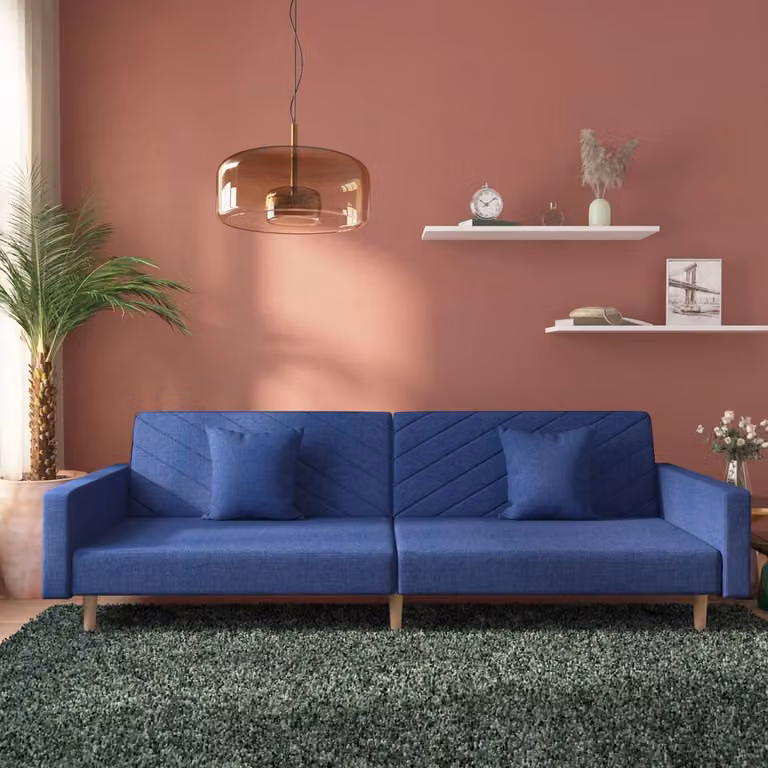 vidaXL Divano Letto Click-Clack a 2 Posti in Tessuto Blu con Cuscini e Struttura in Legno Massiccio L: 220 cm, P: 84,5 cm, H: 69 cm