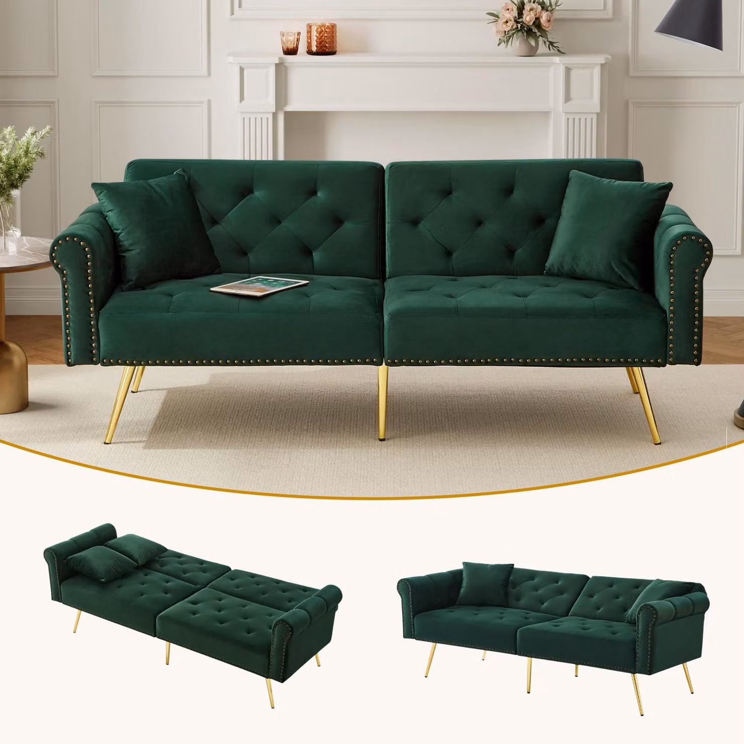 Fortuna Lai Divano letto moderno a 2 posti – rivestimento in velluto, schienale regolabile in 3 posizioni e piedini in metallo dorato Elegante divano con funzione letto – salvaspazio, resistente, ideale per spazi ridotti