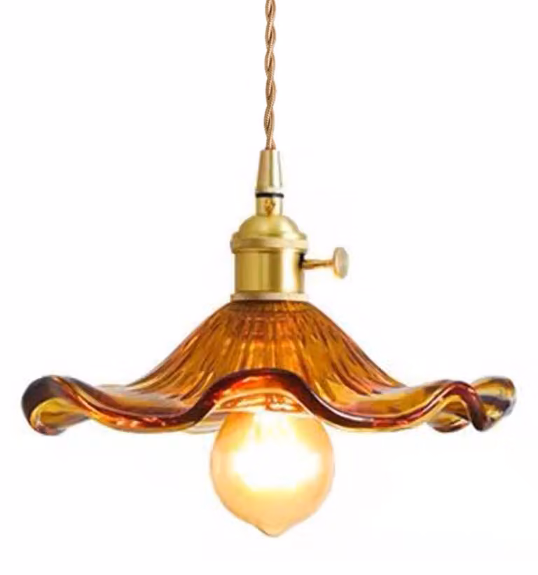 Lampada a sospensione con decoro a foglia di loto in vetro, attacco E27, colore ambrato, 23 cm, stile vintage