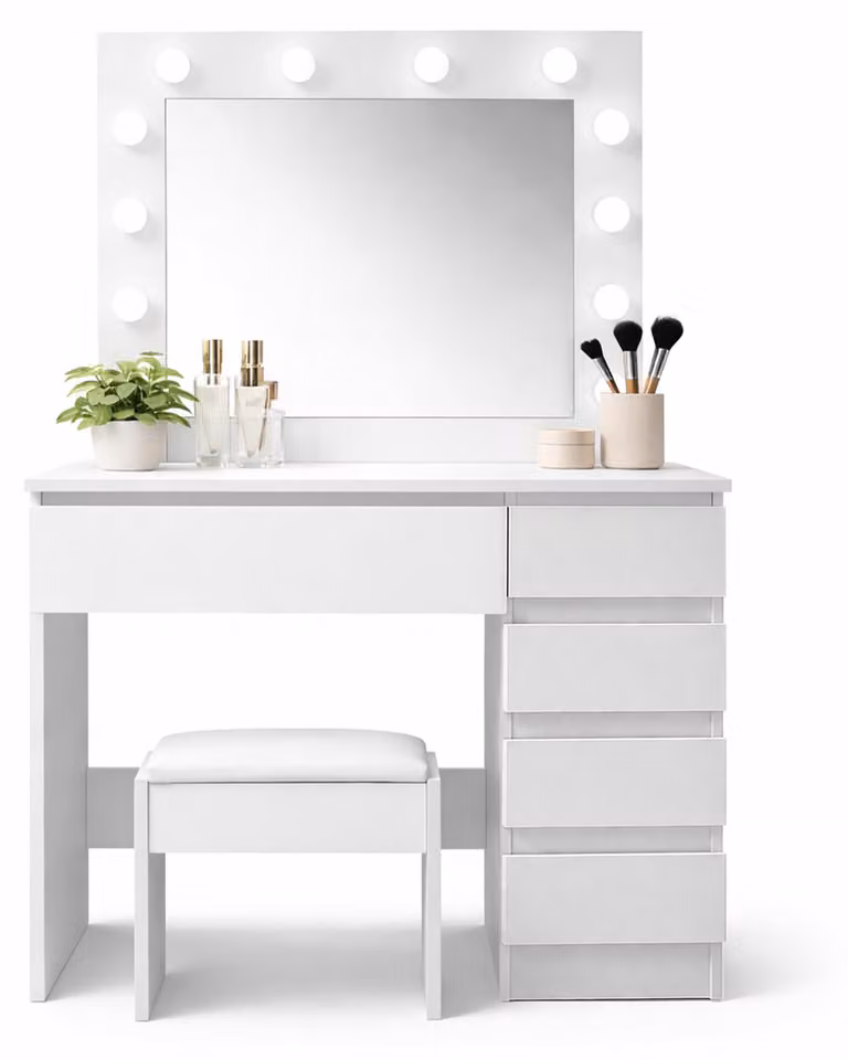 Aga Tavolo da toeletta con specchio e illuminazione + sgabello Bianco opaco